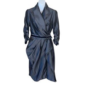 CC Couture Metallic Grey Wrap Trench Dress with Draped Skirt – Size Small